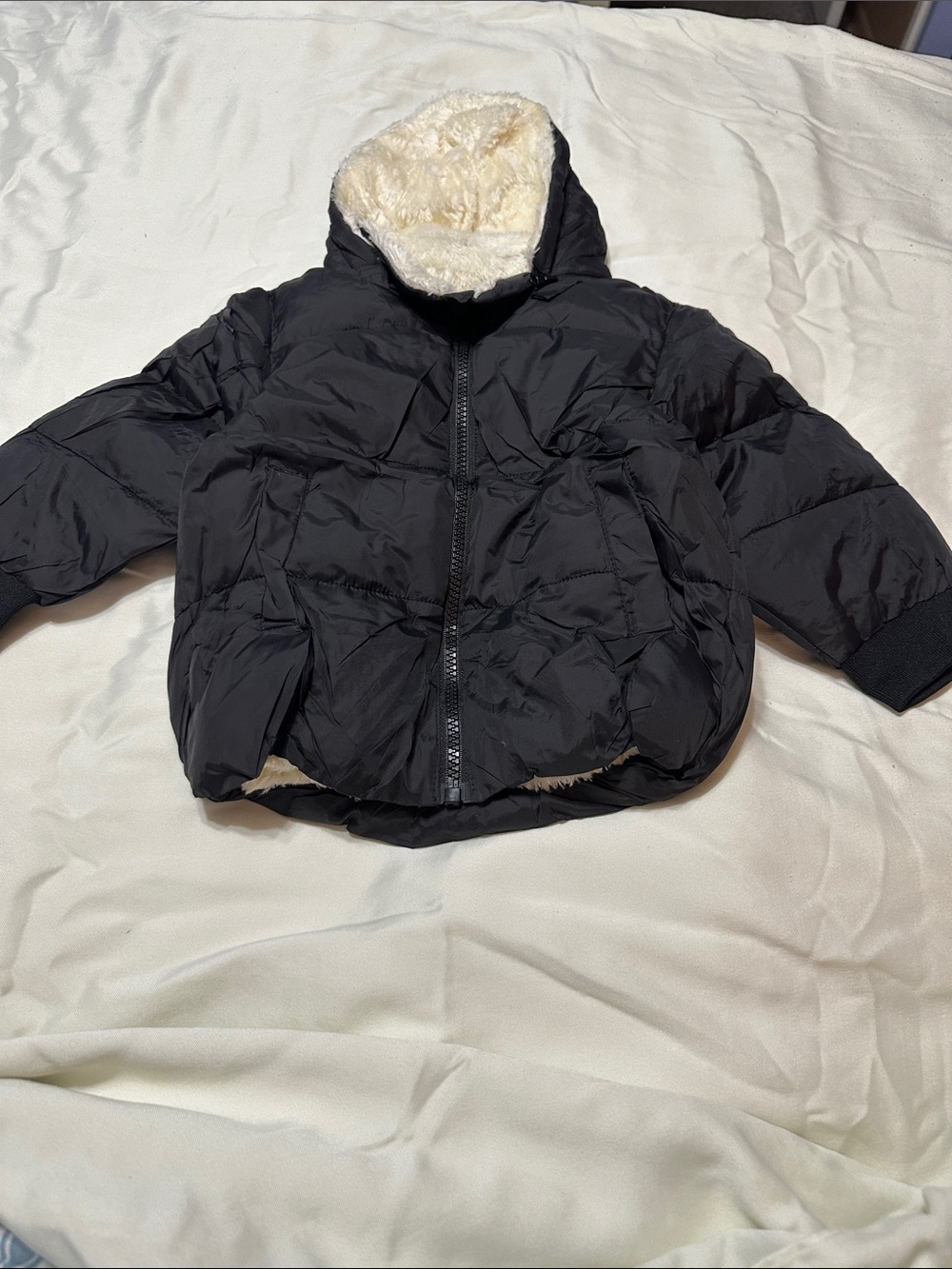 Toddler Black Puffer Jacket with Cream Sherpa Hood